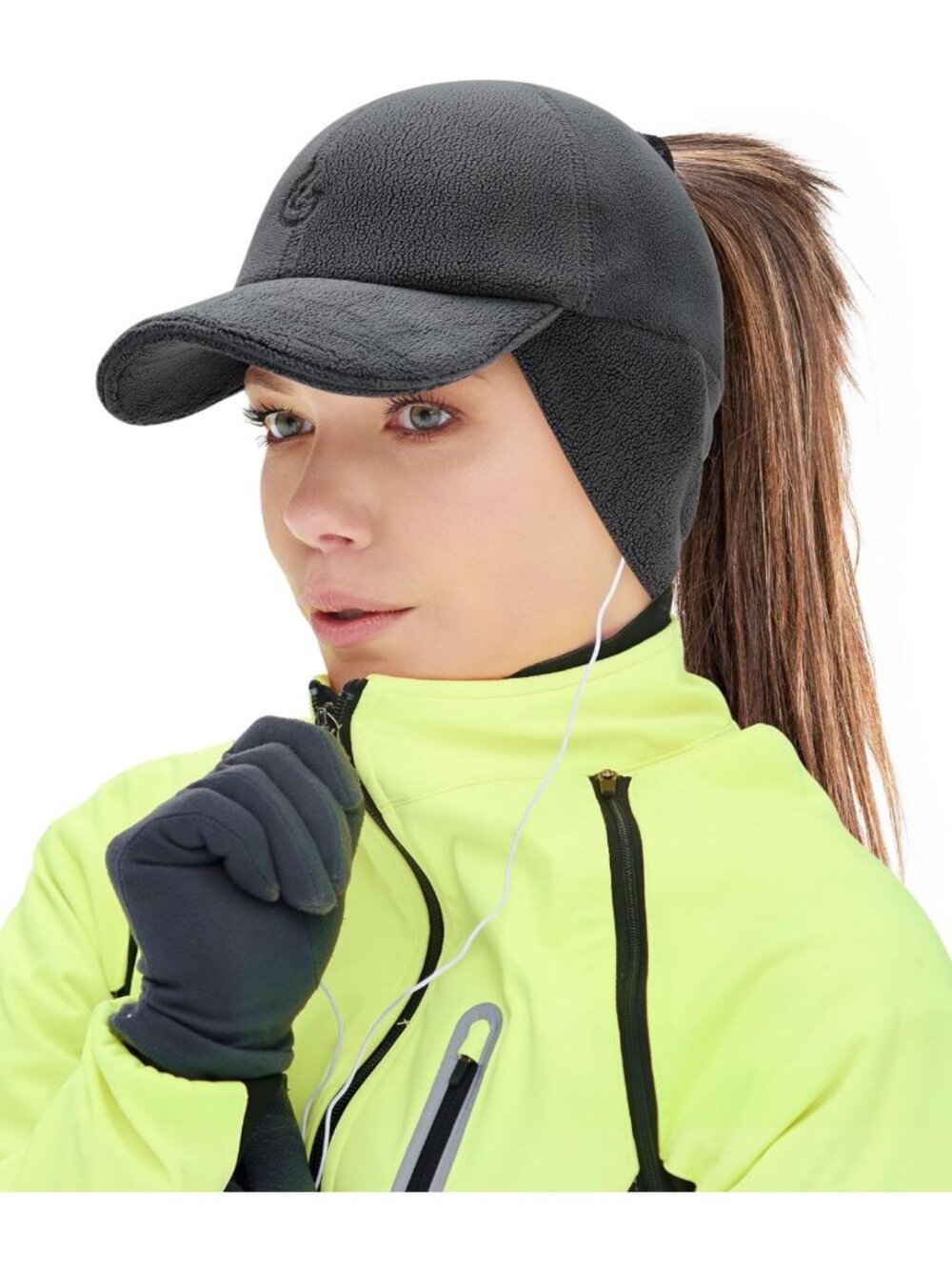 Winter Reflective Stretchy Ponytail Hat with Drop Down Ear Flap for Women